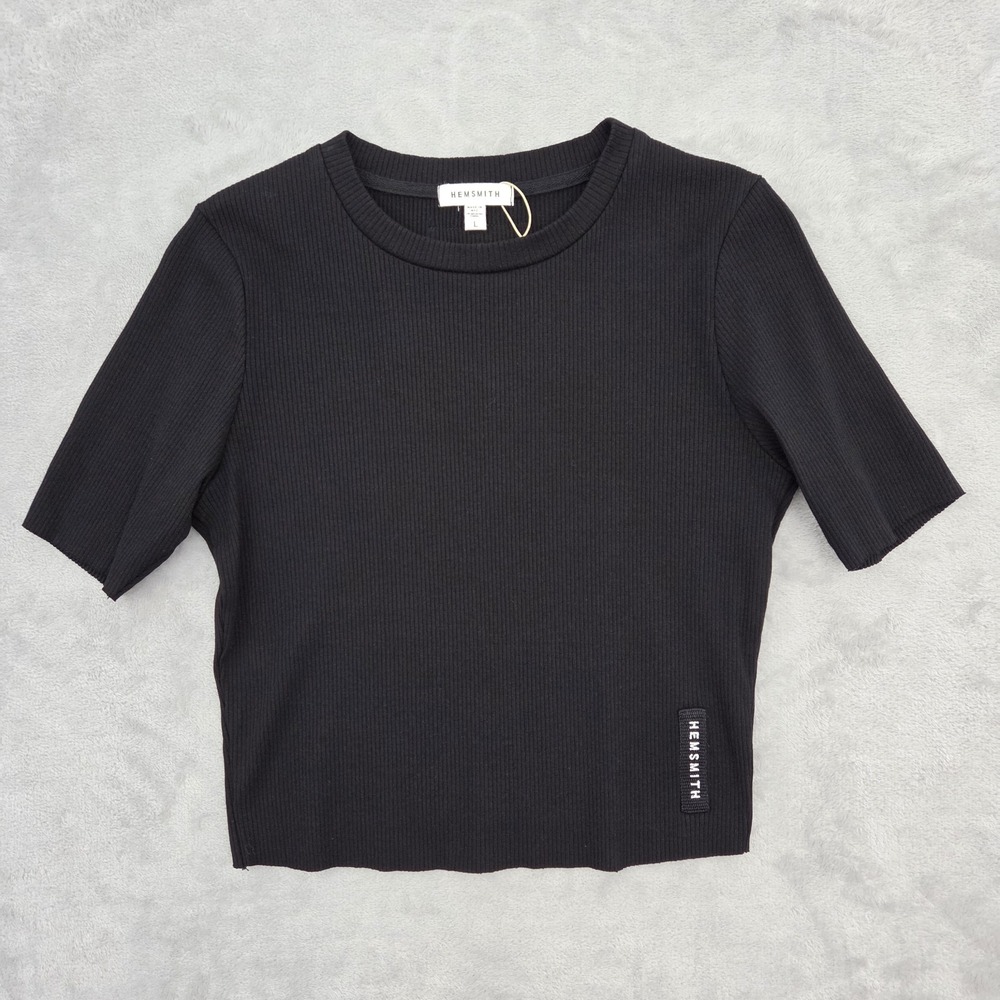 Hemsmith Ribbed Crop Top T-Shirt Womens L Black Short Sleeve Made In NYC